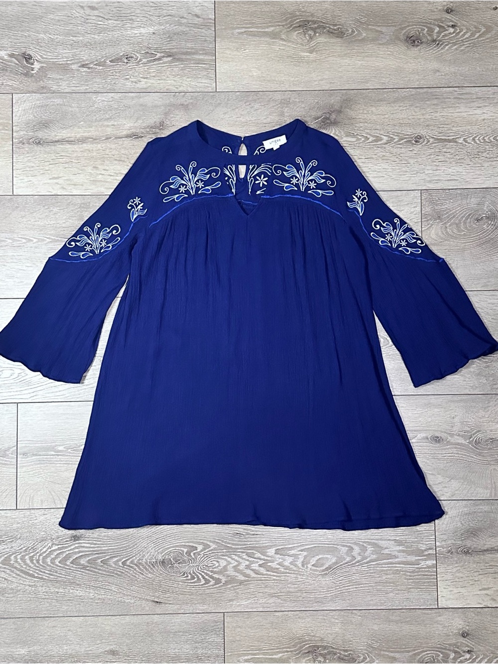 Umgee Navy Crinkle Gauze Floral Embroidered Mini Shift Dress *Read* - Picture 5 of 15
